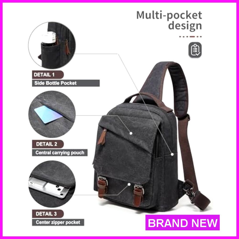 Canvas Messenger Bag Crossbody Backpack 11 Pockets Laptop Compatible Unisex - Picture 2 of 7